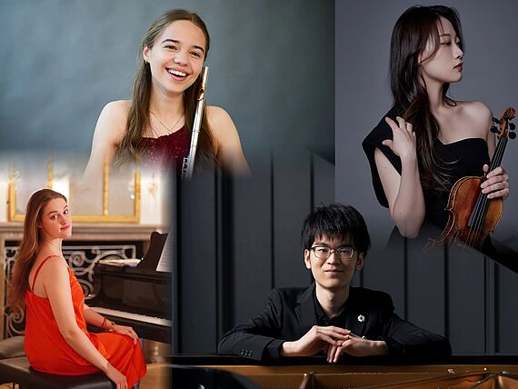 Die vier „Rising Stars“ Lucie Benediktová (Flöte), Jueun Jeong (Violine), Yaroslava Osadcha (Klavier) und Takuma Onodera (Klavier). © Collage hmt Rostock